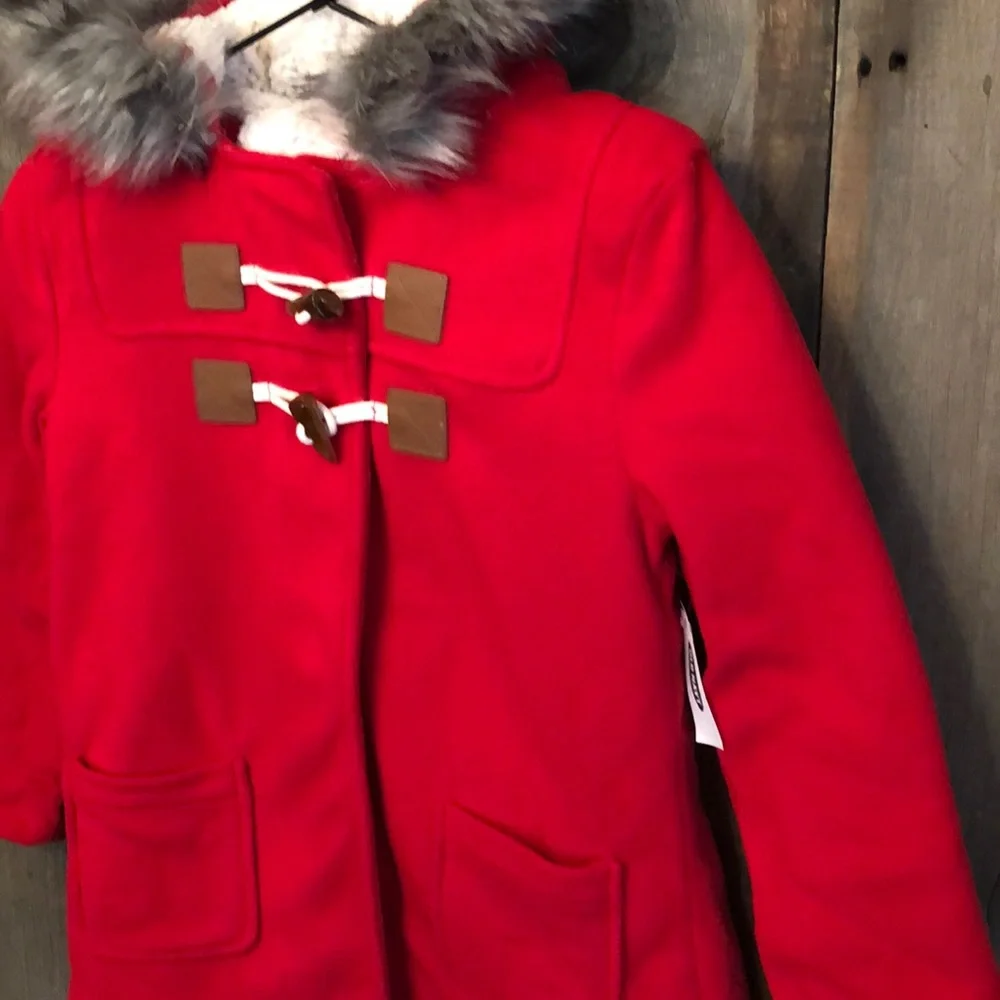 Old Navy Fleece Hooded Jacket Faux Fur Toggle in Red Size Large 10 - 12